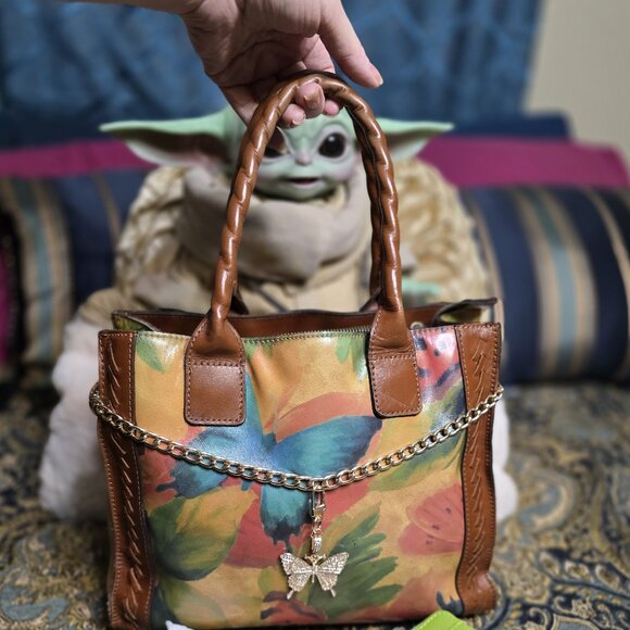 Patricia Nash Italian Leather Watercolor Butterfly Curry Tote & Fossil Wallet - Picture 3 of 16